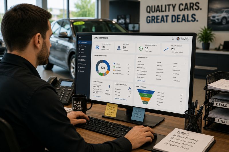 Used car dealership employee using dealer management system software to track inventory and sales