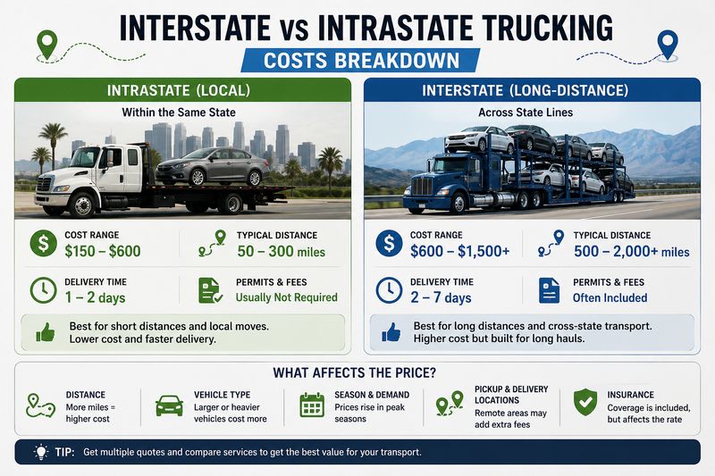 Infographic comparing interstate and intrastate vehicle transport costs and delivery distances