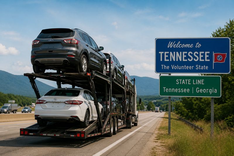 Car hauler truck transporting vehicles across state lines for auto auction delivery