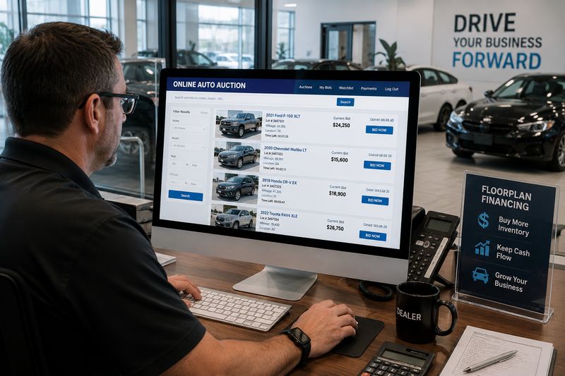 Car dealer purchasing auction inventory online using floorplan financing