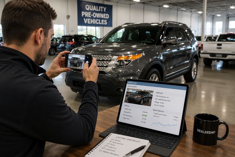 Dealership employee creating online used car listings with vehicle photos and pricing tools