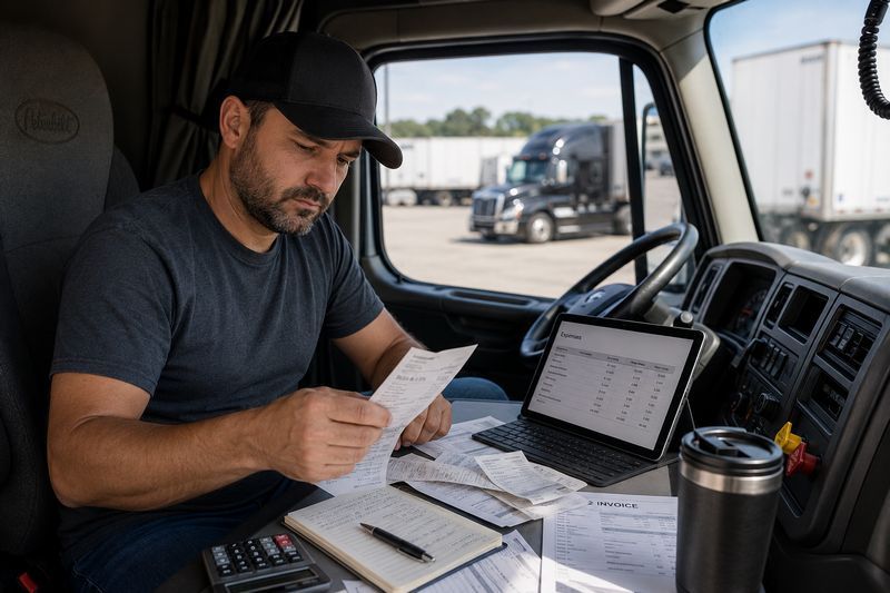 Owner-operator truck driver organizing bookkeeping records and business expenses inside a semi-truck cab