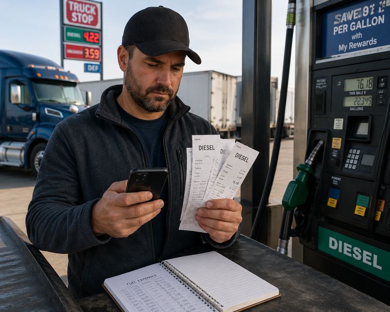Truck driver tracking fuel receipts and IFTA expenses using a mobile bookkeeping app at a truck stop