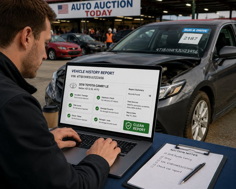Buyer checking a vehicle history report before purchasing a used car at an auto auction