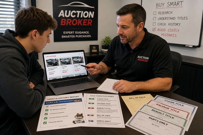 Auction broker assisting a buyer with reviewing vehicle listings, title documents, and auction details before placing a bid.