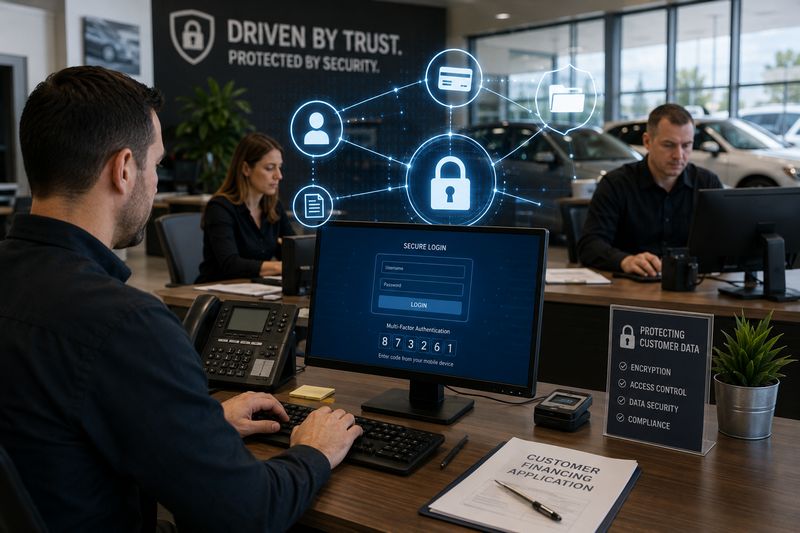 Photo of an auto dealership office showing employees handling customer information and cybersecurity protection measures.