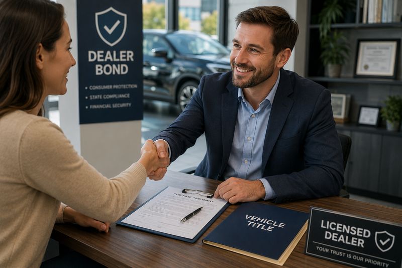 Customer reviewing vehicle purchase documents with a licensed auto dealer to illustrate dealer bond consumer protection.