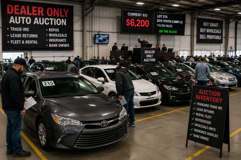 Dealer-only auto auction with rows of used vehicles available to licensed Florida dealers