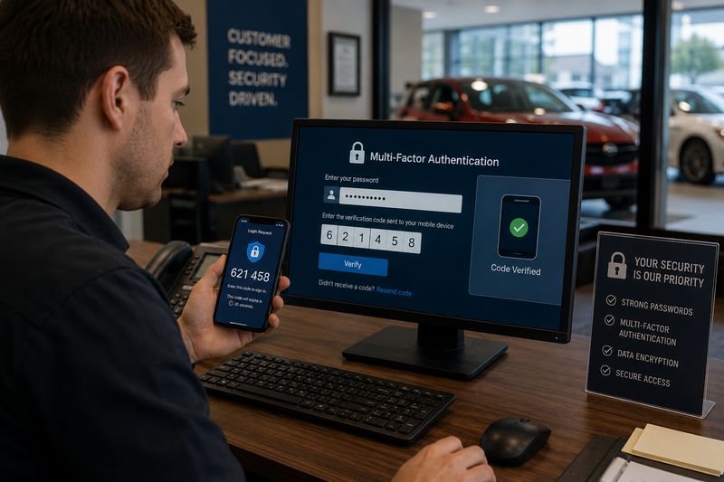 Dealership employee using multi-factor authentication to securely access customer information systems.