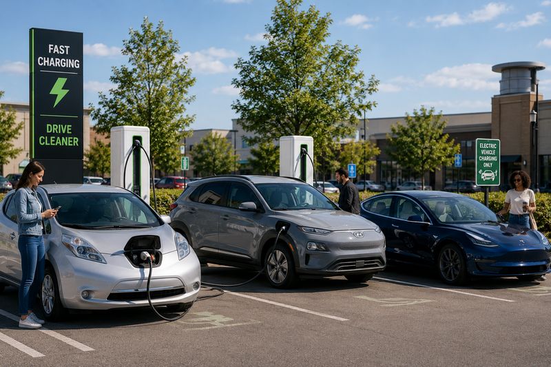 Vehículos eléctricos modernos cargándose en una estación pública, lo que demuestra cómo la posesión de vehículos eléctricos se ha vuelto accesible para los conductores comunes.