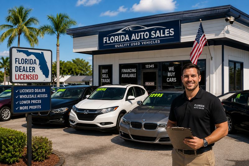 Independent used car dealership in Florida showing a licensed dealer operation with vehicles for sale