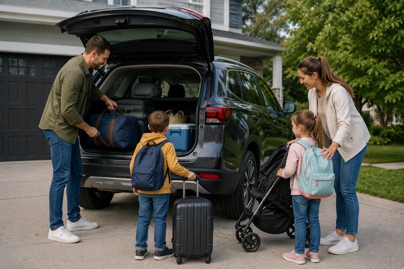 Family loading luggage and children's items into an SUV, illustrating the practicality of a good family car.