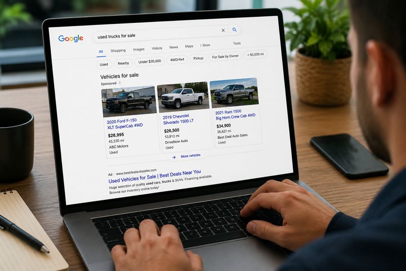 Person browsing Google Vehicle Listing Ads with vehicle photos, prices, mileage, and dealership information in search results.