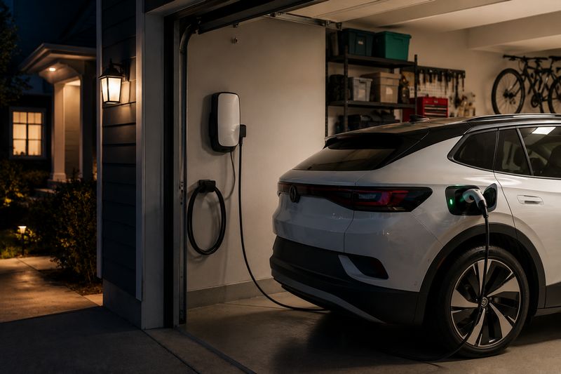 Carga nocturna de un vehículo eléctrico en casa utilizando un cargador de nivel 2 en un garaje residencial.
