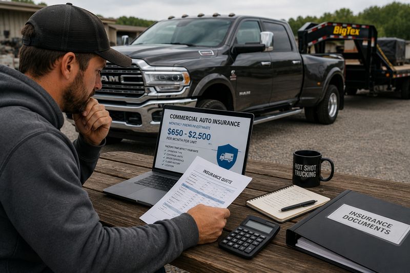 Owner-operator reviewing hot shot trucking insurance costs beside a pickup truck and trailer.