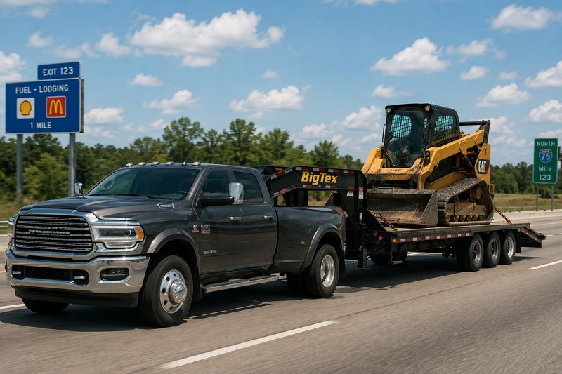 Heavy-duty pickup truck with a gooseneck trailer transporting construction equipment for hot shot trucking.
