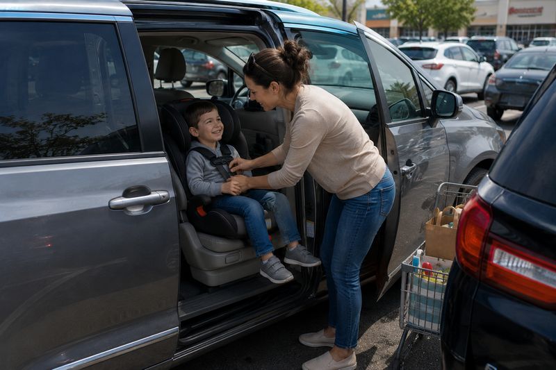 Parent placing a child into a car seat through a minivan's sliding door in a parking lot.