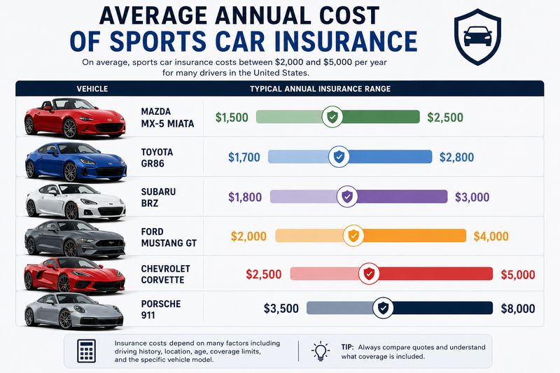 Infographic comparing average annual insurance costs for popular sports cars in the United States.