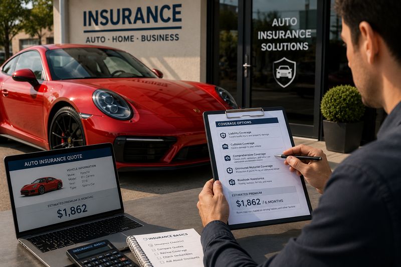 Sports car owner reviewing insurance coverage options for a performance vehicle.