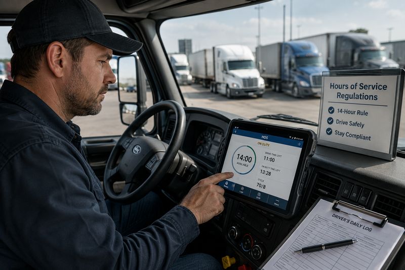 Long-haul truck parked at a rest stop illustrating split sleeper berth rest periods under FMCSA regulations.