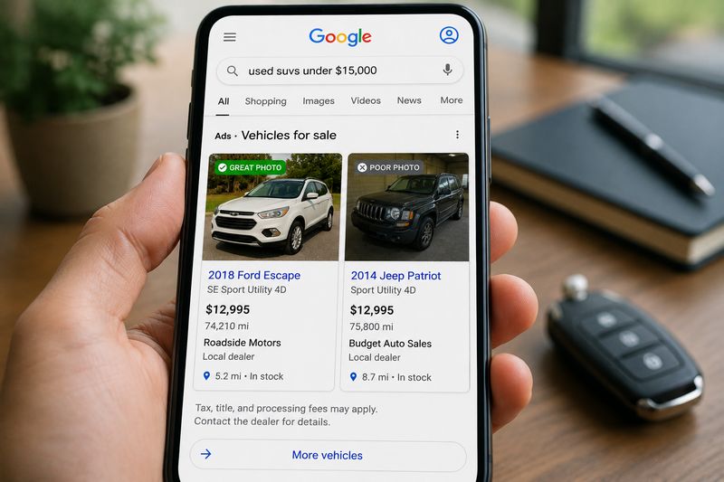Smartphone displaying Google Vehicle Listing Ads with high-quality vehicle photos that attract more clicks from shoppers.