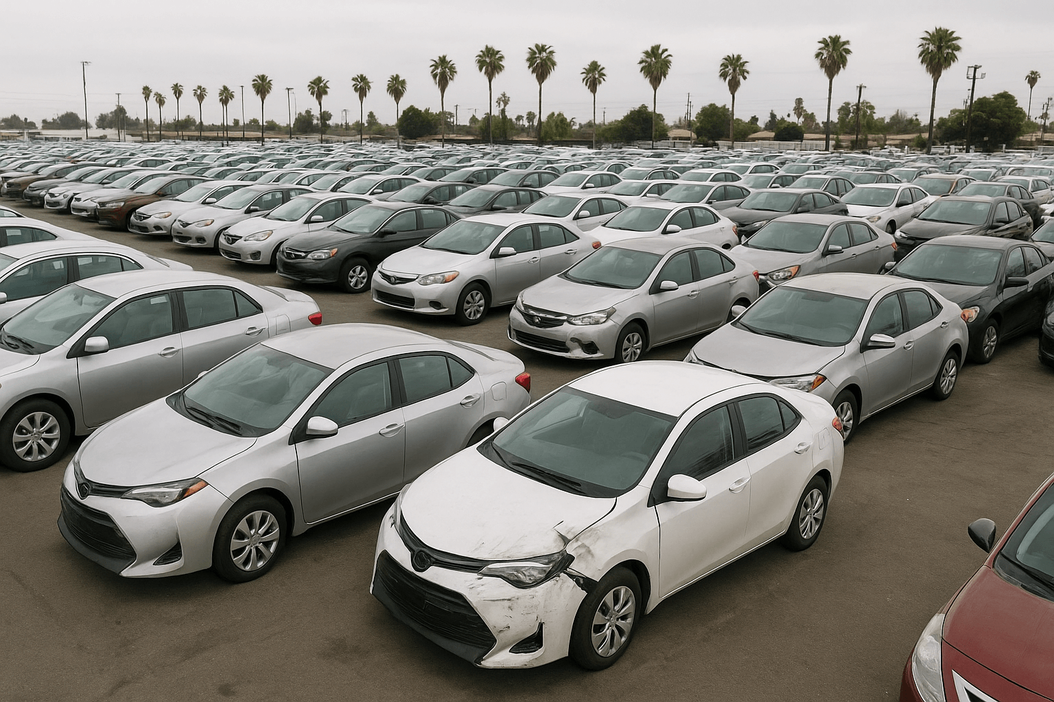 Aerial view of a busy California salvage car auction lot with multiple vehicles lined up for bidding.
