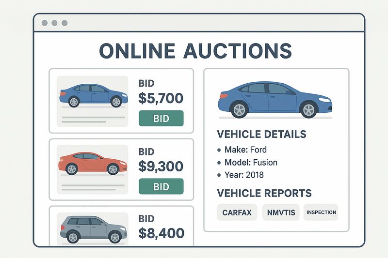 Illustration of an online car auction platform showing multiple listings, bids, and vehicle reports.