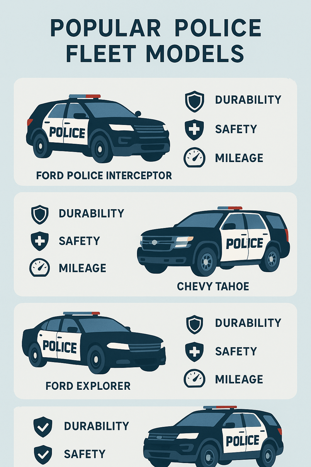 Infographic highlighting popular police fleet vehicles like Ford Interceptors, Chevy Tahoes, and Dodge Chargers with their features.