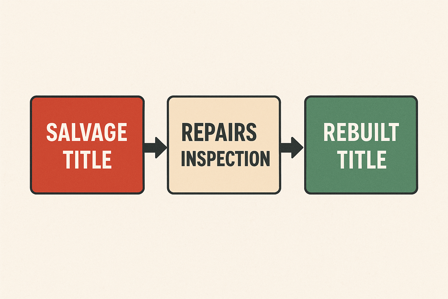 Flowchart showing how a salvage vehicle is repaired and inspected to receive a rebuilt title.