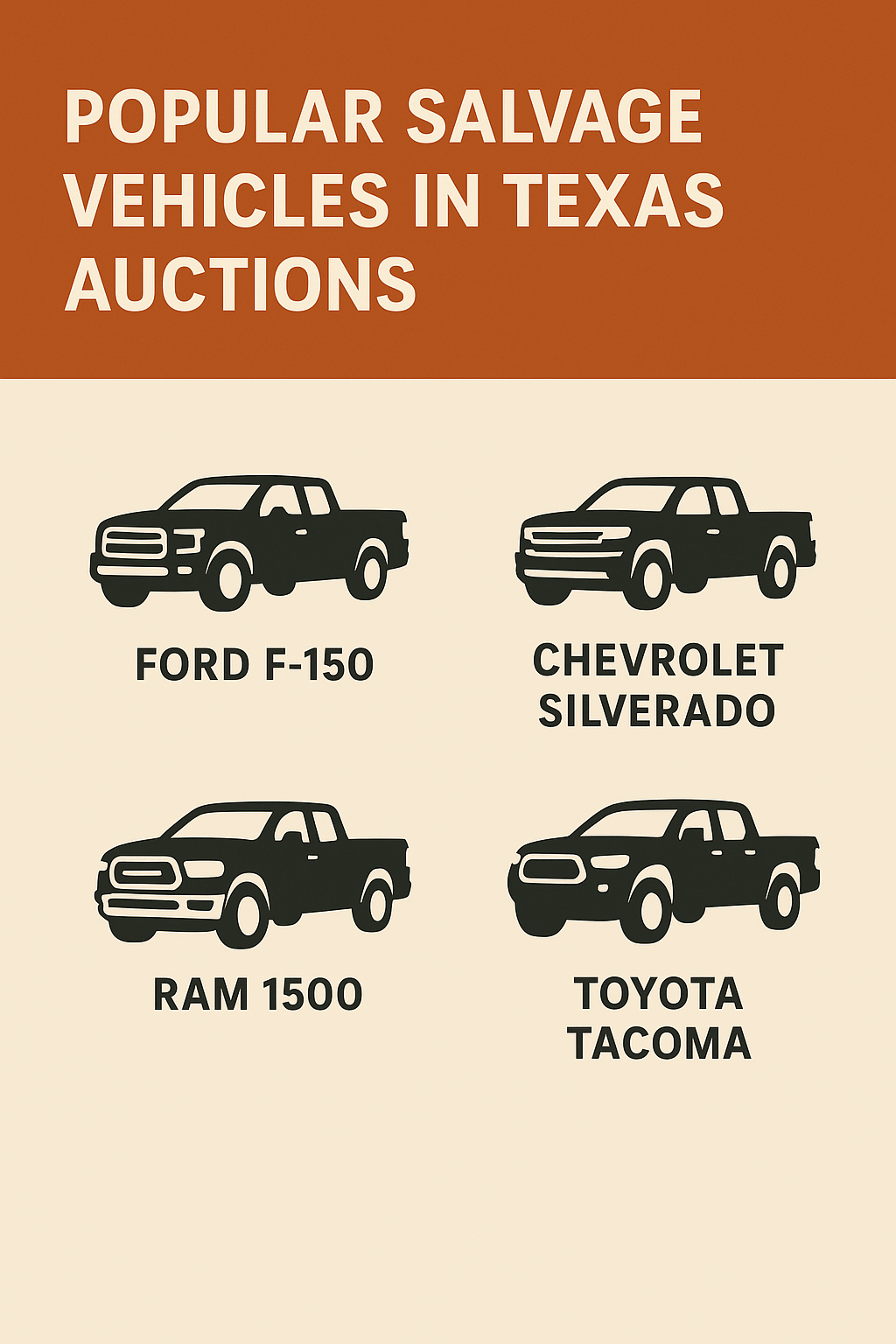 Infographic of popular salvage trucks and SUVs at Texas auctions, including Ford F-150, Chevy Silverado, and Ram 1500.