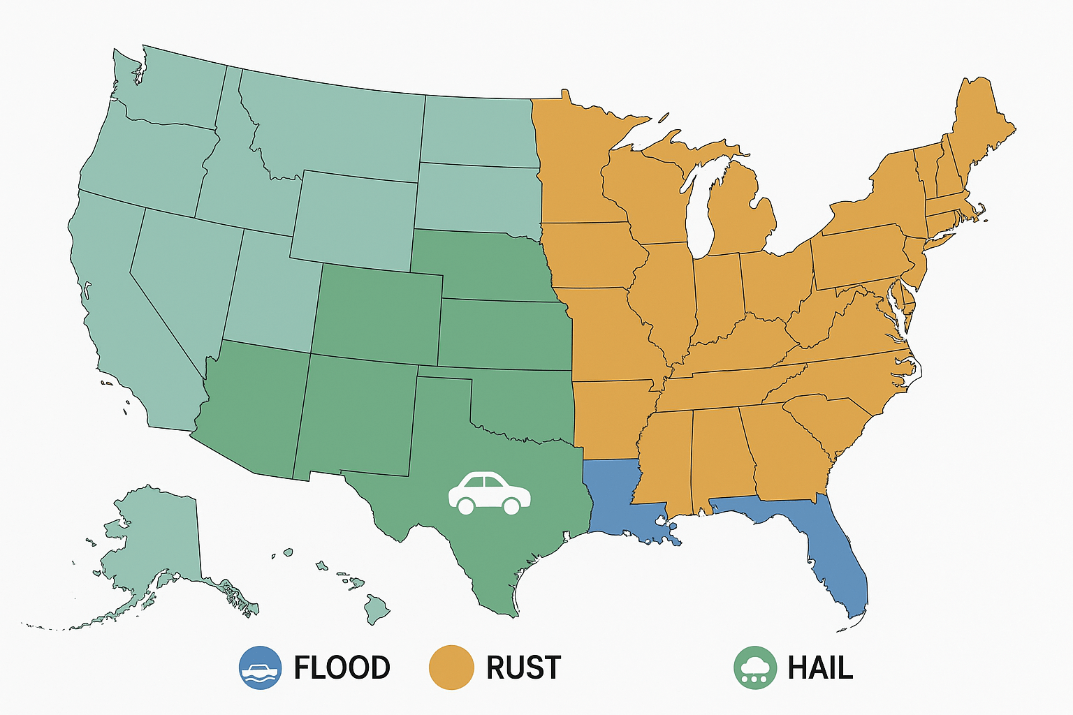 U.S. map showing regional salvage car risks, including flood-prone areas in Florida and rust-prone northern states.